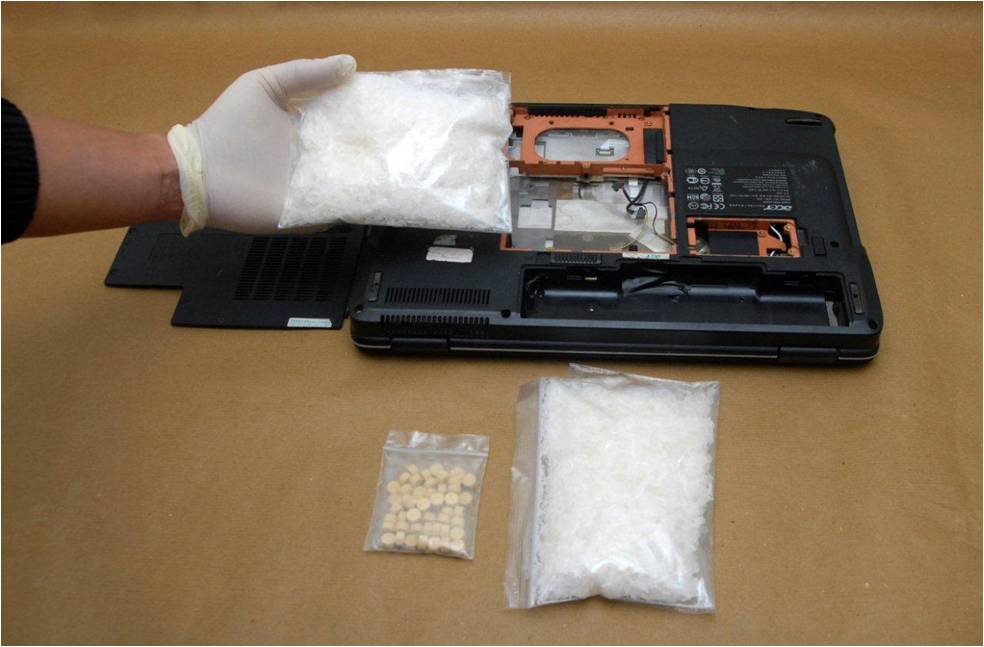 “Ice”, Ecstasy tablets and a laptop that were seized