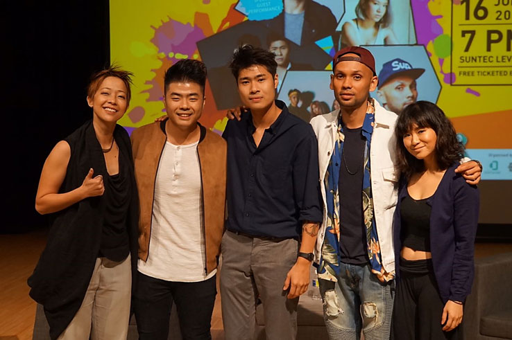 Photo 1: Red Roof Music Records producer Ruth Ling with local singers Scarlet Avenue, THELIONCITYBOY and inch Chua who will be performing in the ADAC music concert on 16 June 2017.