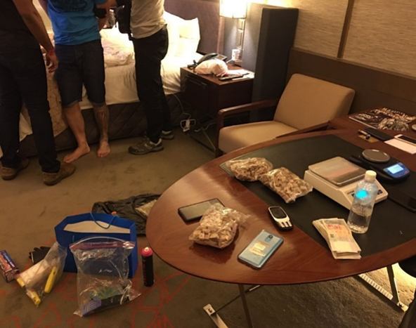 Photo-1 (CNB): Interior of hotel room where a large amount of heroin and cannabis were recovered from within, in CNB operation on 4 July 2018.
