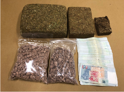 Photo-1: Cannabis, heroin and cash recovered at Evans Road on 8 January 2018.