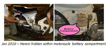 Jan 2010: Heroin hidden within motorcycle battery compartment Jan 2010: Heroin hidden within motorcycle battery compartment