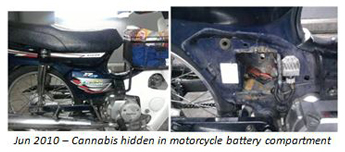 Jun 2010: Cannabis hidden in motorcycle battery compartment
