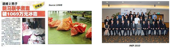(Left) News article on cross-border partnership which resulted in NCID's seizure of 113 kg of methamphetamine on 2 Aug 2010, estimated to be worth RM24.86 million (approximately S$10.69 million); (Right) Participants at the INEP 2010.