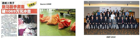 (Left) News article on cross-border partnership which resulted in NCID's seizure of 113 kg of methamphetamine on 2 Aug 2010, estimated to be worth RM24.86 million (approximately S$10.69 million); (Right) Participants at the INEP 2010. (Left) News article on cross-border partnership which resulted in NCID's seizure of 113 kg of methamphetamine on 2 Aug 2010, estimated to be worth RM24.86 million (approximately S$10.69 million); (Right) Participants at the INEP 2010.