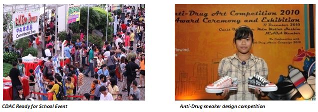 (Left) CDAC Ready for School Event; (Right) Anti-Drug sneaker design competition (Left) CDAC Ready for School Event; (Right) Anti-Drug sneaker design competition
