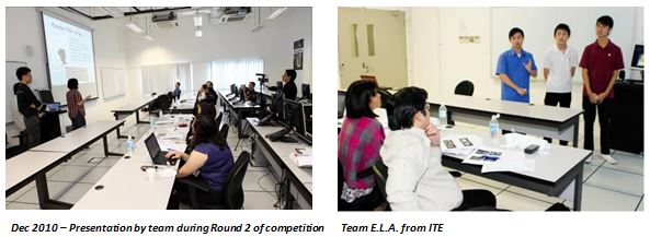 (Left) Dec 2010: Presentation by team during Round 2 of competition; (Right) Team E.L.A from ITE (Left) Dec 2010: Presentation by team during Round 2 of competition; (Right) Team E.L.A from ITE