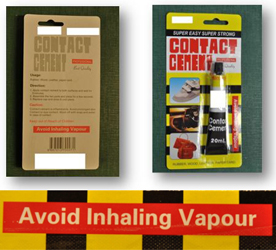 Warning label on Contact cement product packaging Warning label on Contact cement product packaging