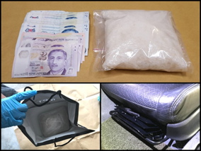 Photo-1 (CNB): Cash and ‘Ice’ seized in front passenger seat of car during CNB’s operation on 22 April 2019.