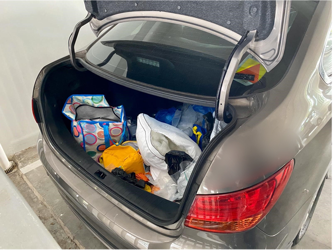 View of boot of car parked at multi-storey carpark in vicinity of Woodlands Drive 50, which acted as a “mobile drug store”.