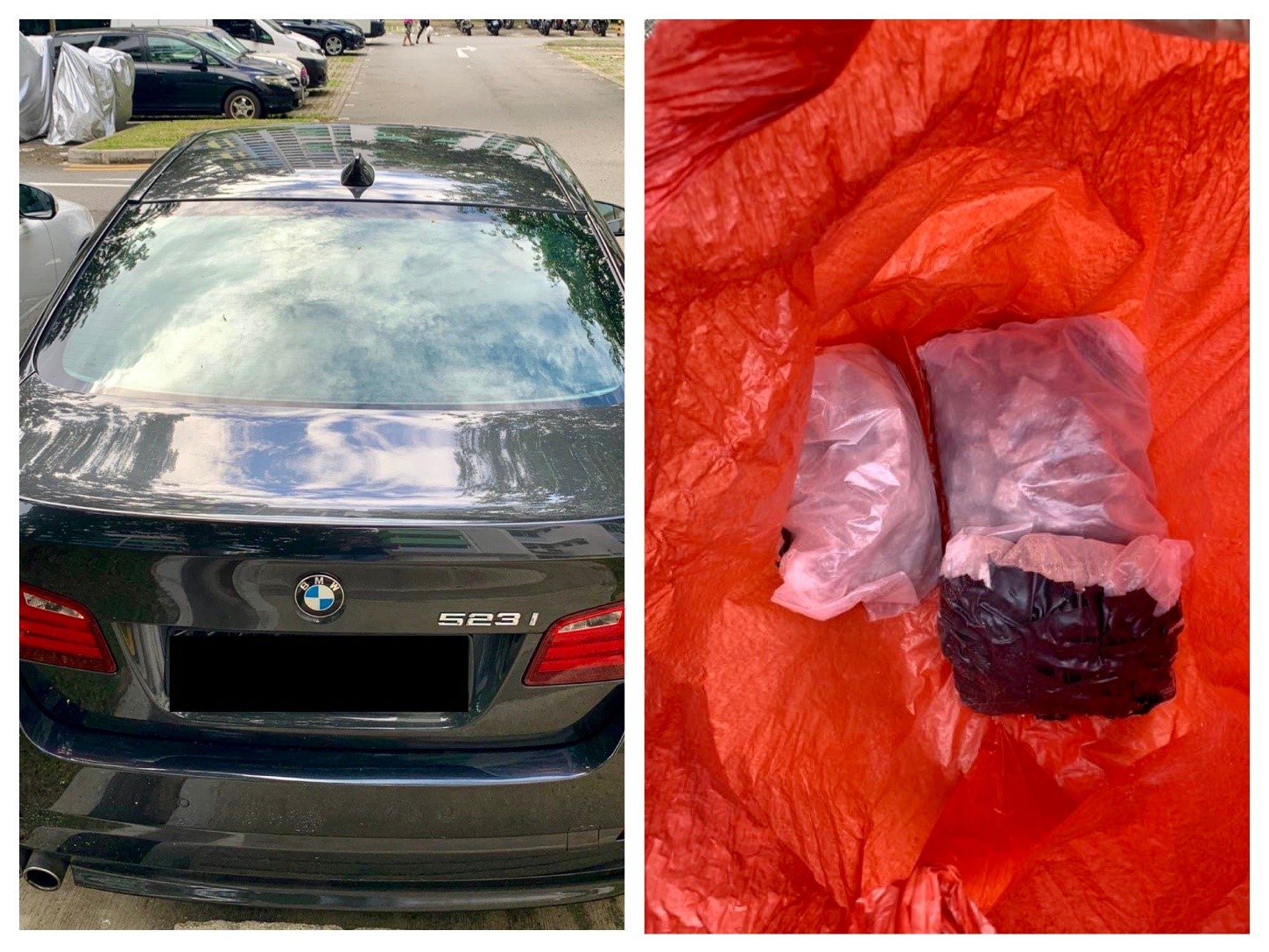 Photos 3 and 4 (CNB) – Three bundles containing about 1,500g of heroin seized from a 30-year-old male’s vehicle in the vicinity of Boon Lay Drive on 8 September 2020 Photos 3 and 4 (CNB) – Three bundles containing about 1,500g of heroin seized from a 30-year-old male’s vehicle in the vicinity of Boon Lay Drive on 8 September 2020