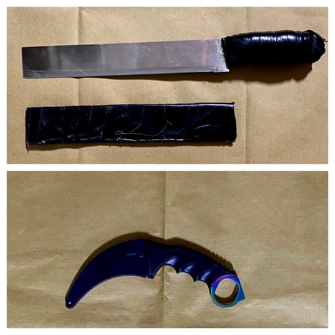 Photos 1 and 2 (CNB) – A parang knife with a 30-cm blade (top) and ‘Karambit’ knife (bottom) seized from a 24-year-old Singaporean male in the vicinity of Woodlands Street 32 on 7 September 2020. 