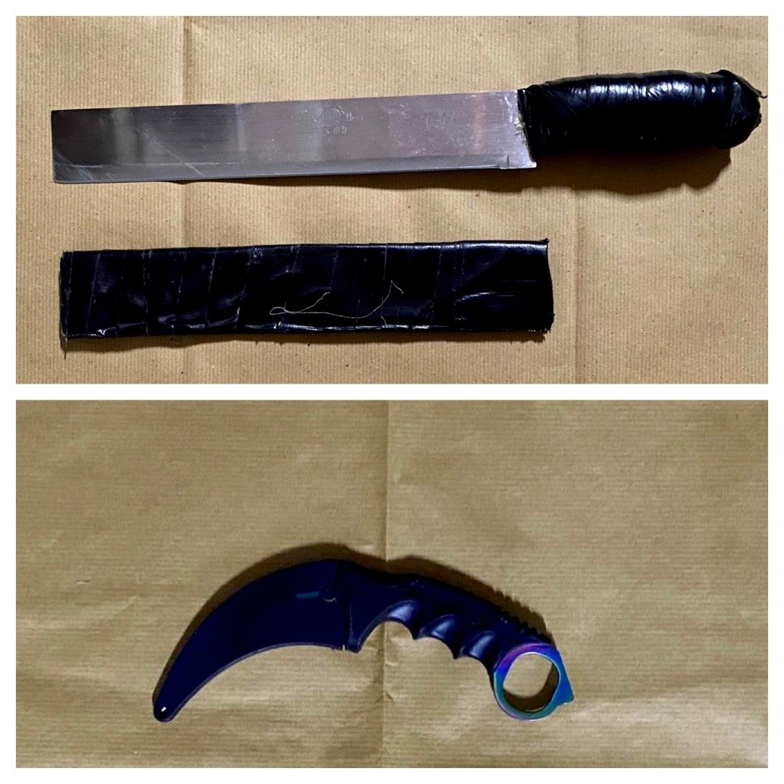 Photos 1 and 2 (CNB) – A parang knife with a 30-cm blade (top) and ‘Karambit’ knife (bottom) seized from a 24-year-old Singaporean male in the vicinity of Woodlands Street 32 on 7 September 2020. Photos 1 and 2 (CNB) – A parang knife with a 30-cm blade (top) and ‘Karambit’ knife (bottom) seized from a 24-year-old Singaporean male in the vicinity of Woodlands Street 32 on 7 September 2020.